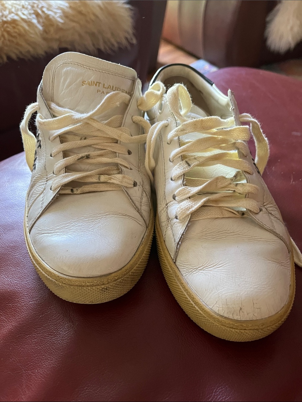 Saint Laurent White Leather Sneakers with Black Heel Tab and Tan Sole, size 9 - Picture 5 of 13